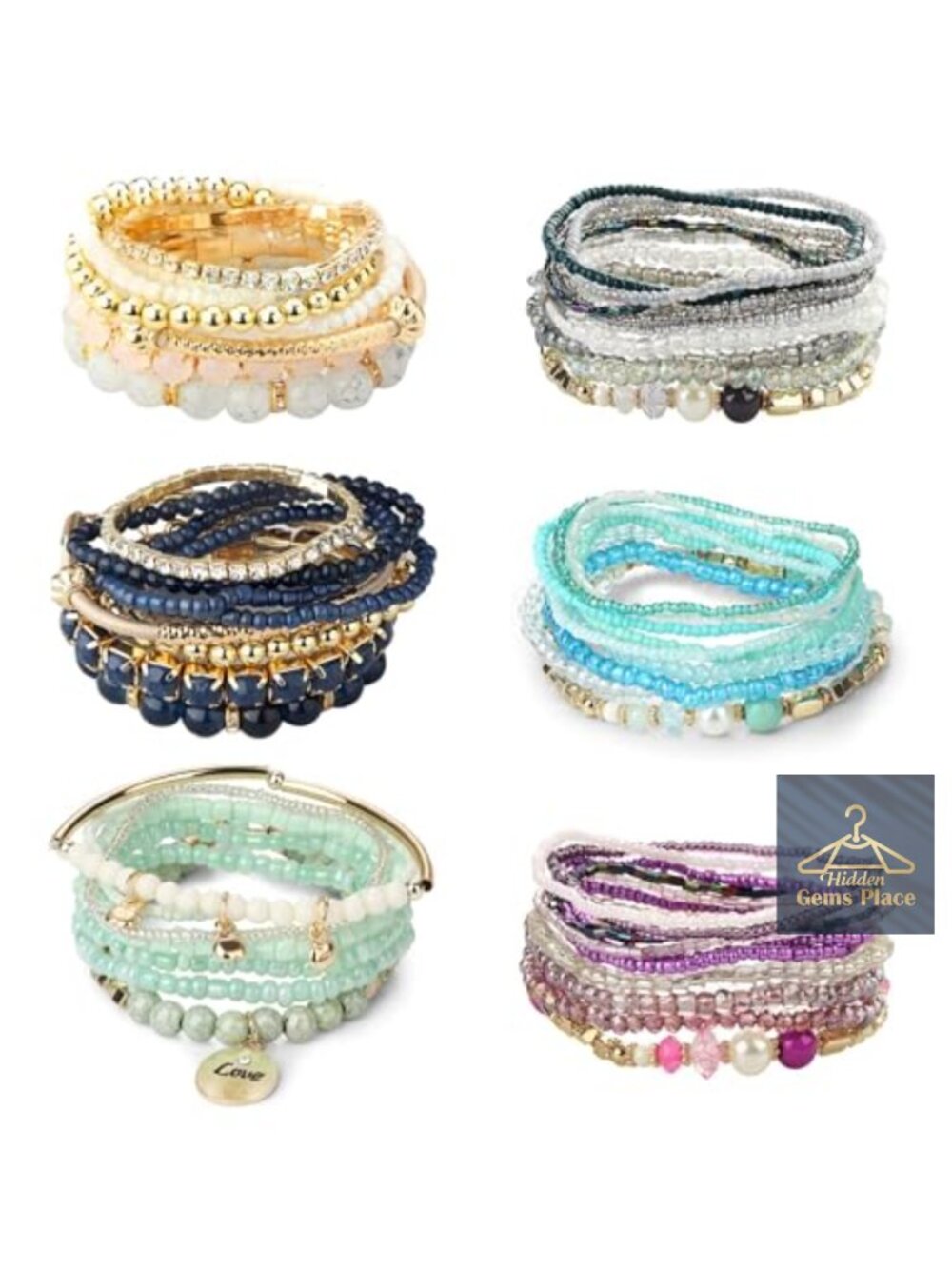 6 Sets Bohemian Stackable Bead Bracelets Stretch Elastic Multilayered Boho Cuff